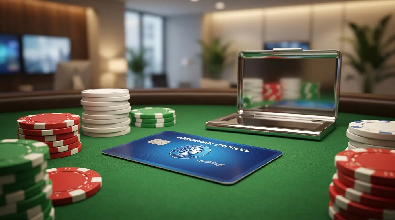 Carta American Express su tavolo da gioco con fiches colorate