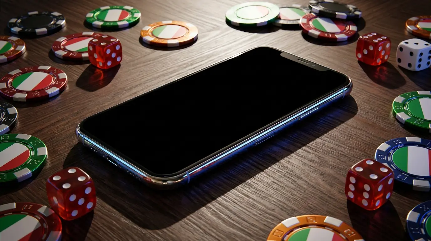 Smartphone circondato da fiches da poker e dadi su tavolo scuro