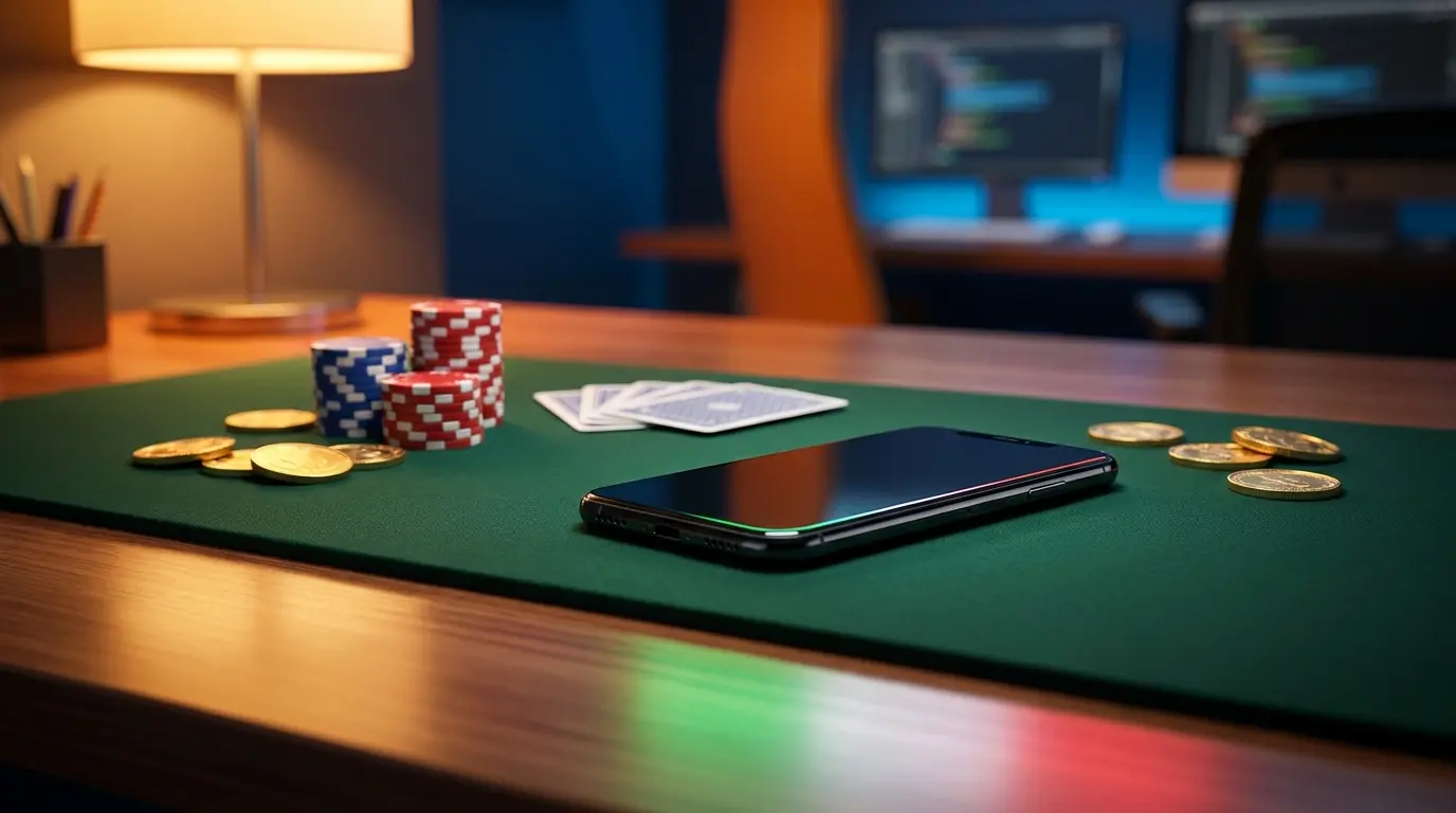 iPhone su tavolo da gioco con fiches e carte da poker