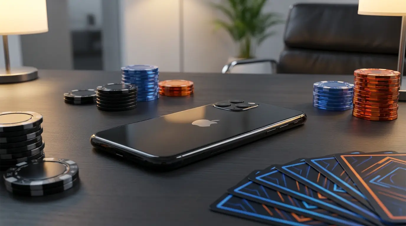 Smartphone Apple con fiches da casinò e carte da gioco