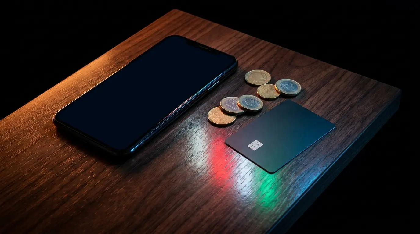 Telefono con monete euro e carta bancaria su superficie elegante