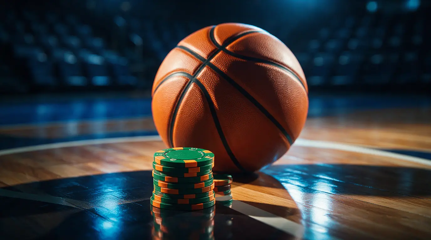 Pallone da basket su parquet con fiches da gioco in primo piano