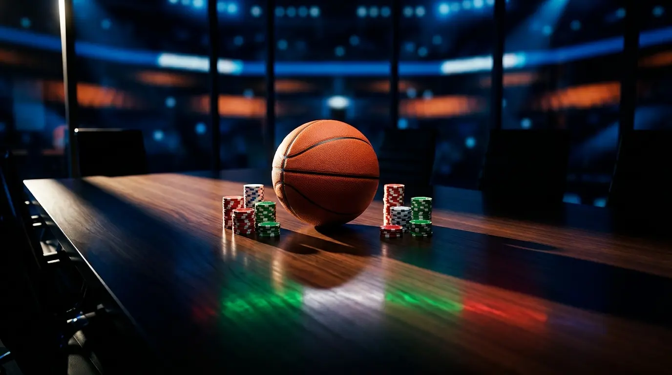 Pallone da basket e fiches da casinò con colori italiani