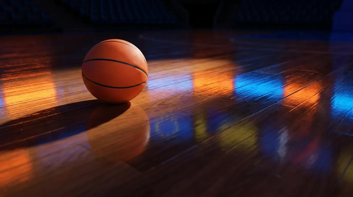 Pallone da basket su parquet con luci dell'arena