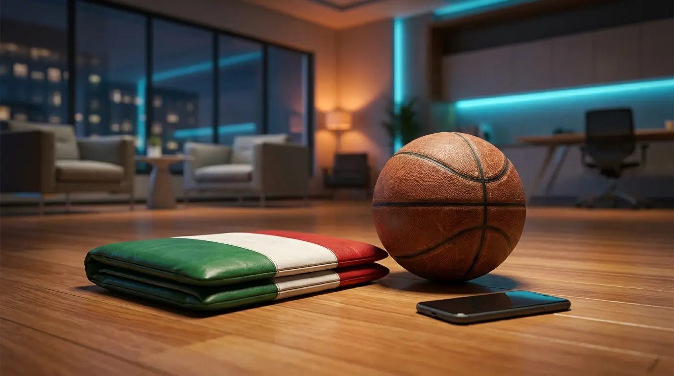 Pallone da basket su parquet con colori bandiera italiana