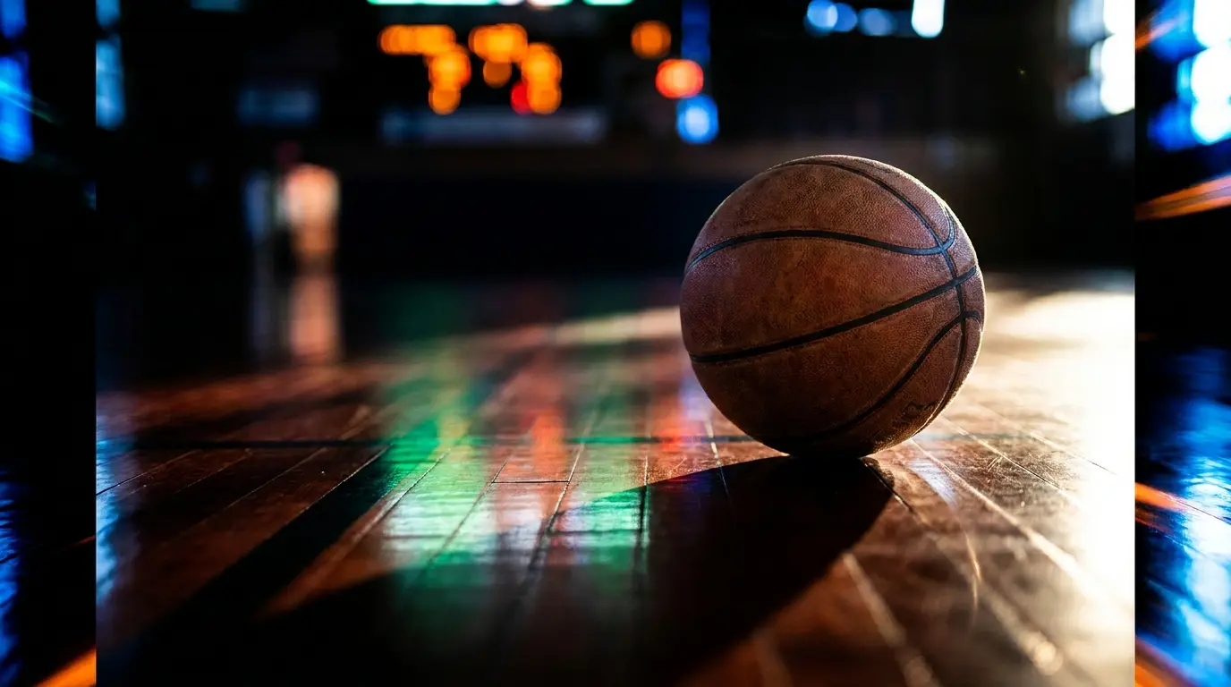 Pallone da basket su parquet con riflessi tricolore italiano