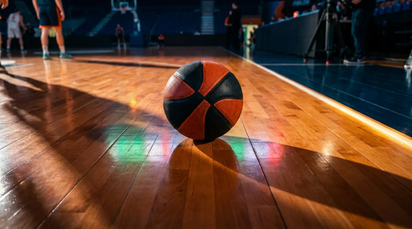 Pallone da basket su parquet con riflessi tricolore italiano
