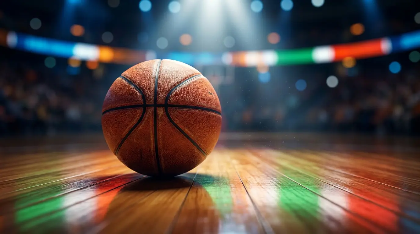 Pallone da basket su parquet con riflessi tricolore italiano