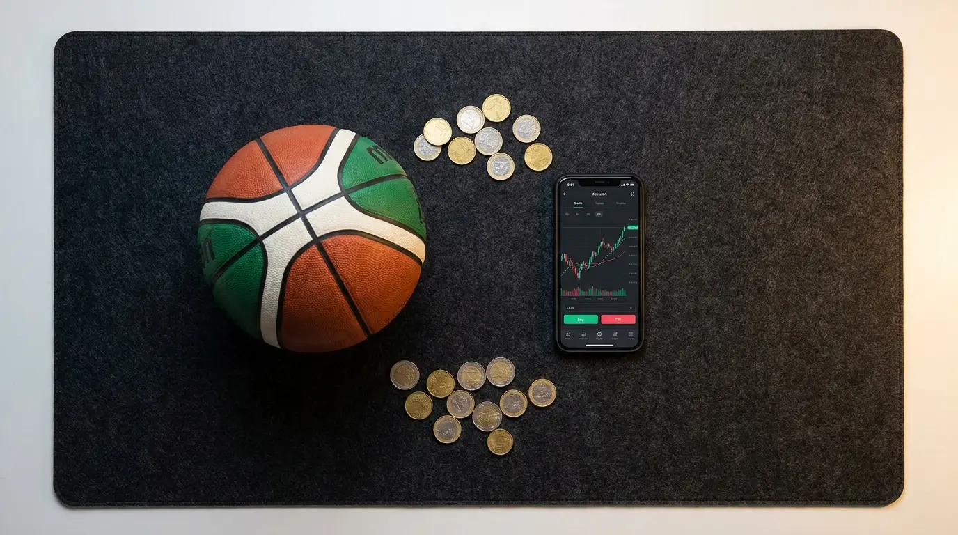 Composizione con basket, telefono e monete su tavolo