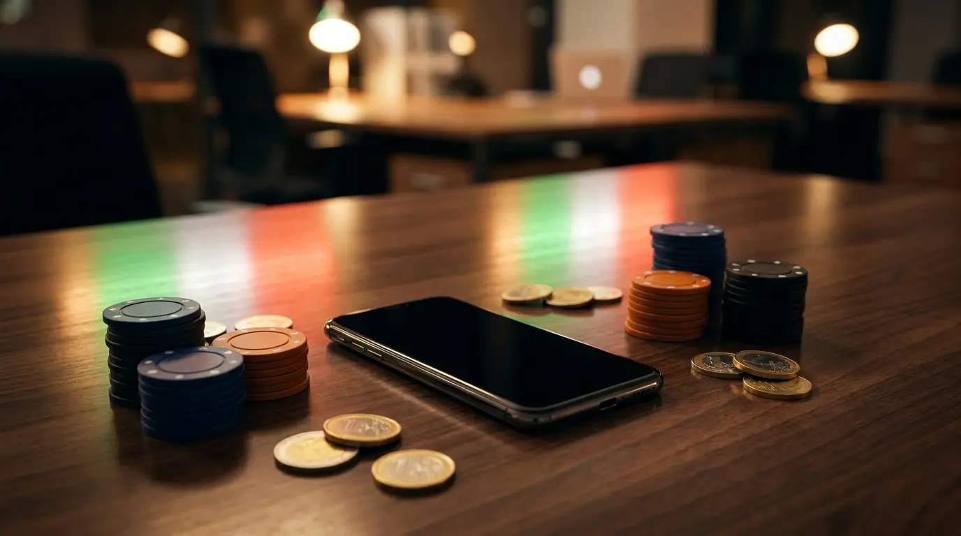 Smartphone con fiches da poker e monete in euro su tavolo