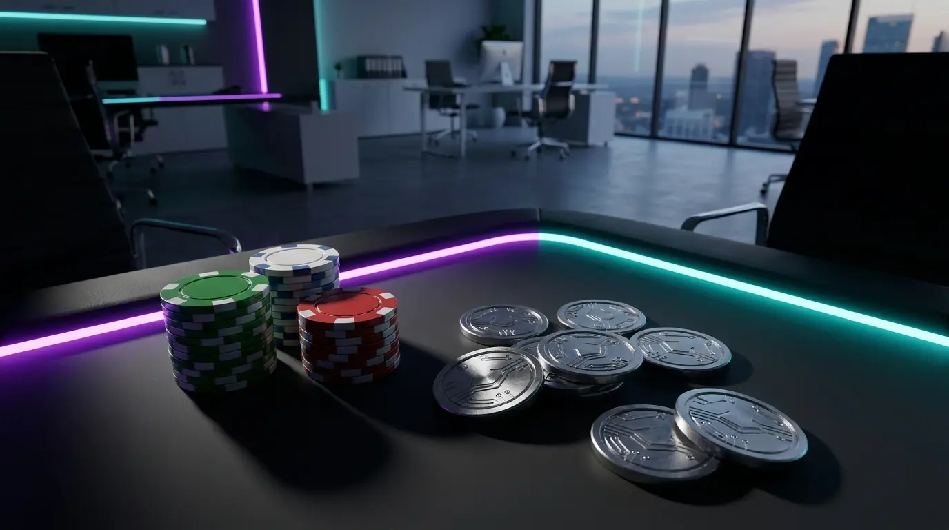 Fiches da poker e monete digitali in composizione moderna