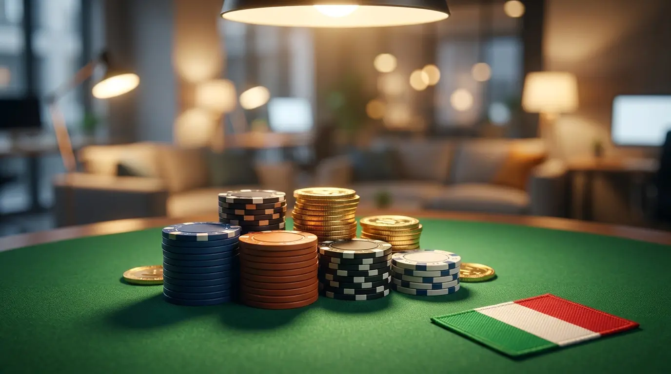 Fiches da poker e monete su tavolo verde con colori italiani