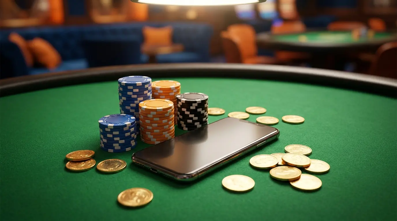 Fiches poker e smartphone su tavolo da gioco verde