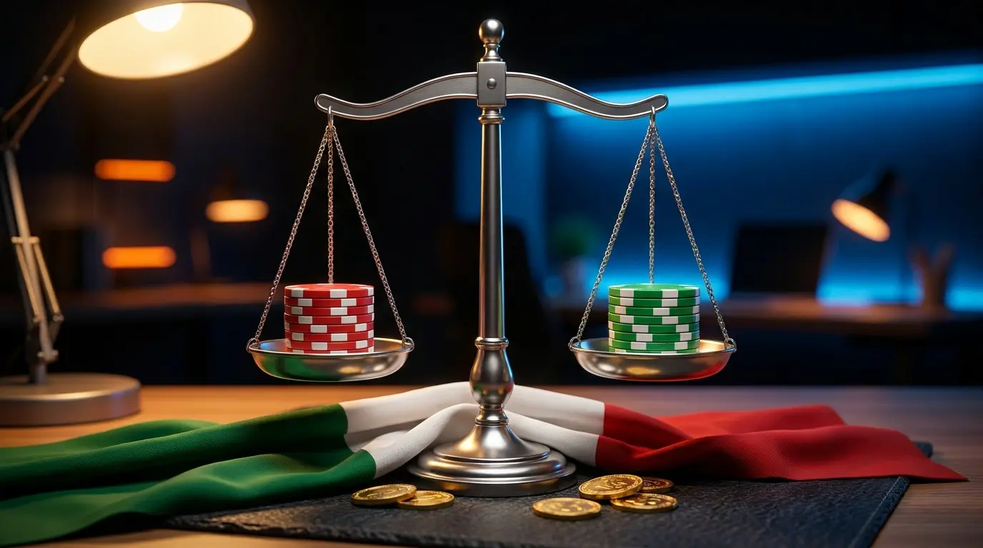 Bilancia con fiches da gioco e colori della bandiera italiana