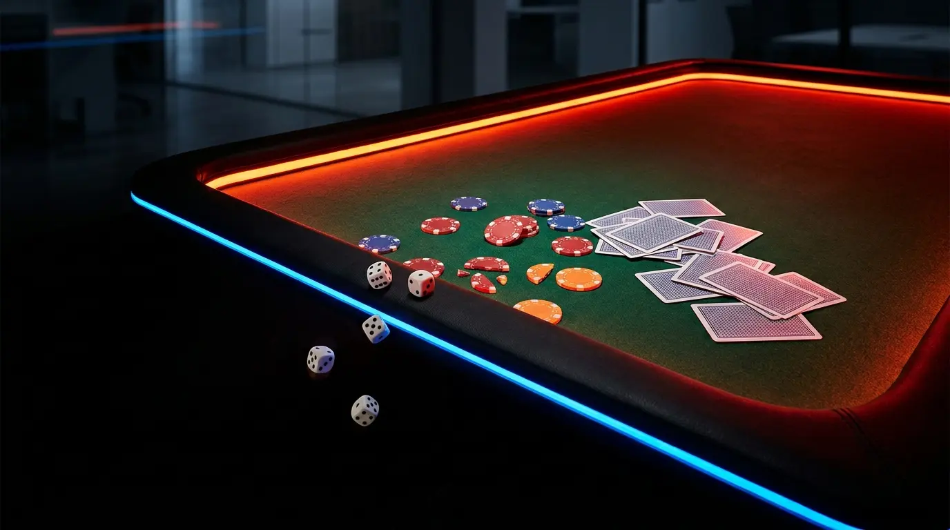 Dadi e fiches da poker in disordine che cadono nel buio