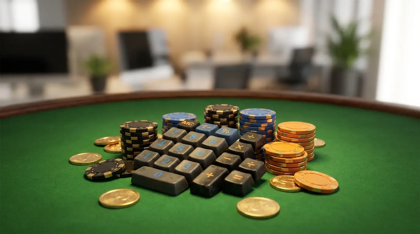 Calcolatrice con fiches da casinò e monete su tavolo verde