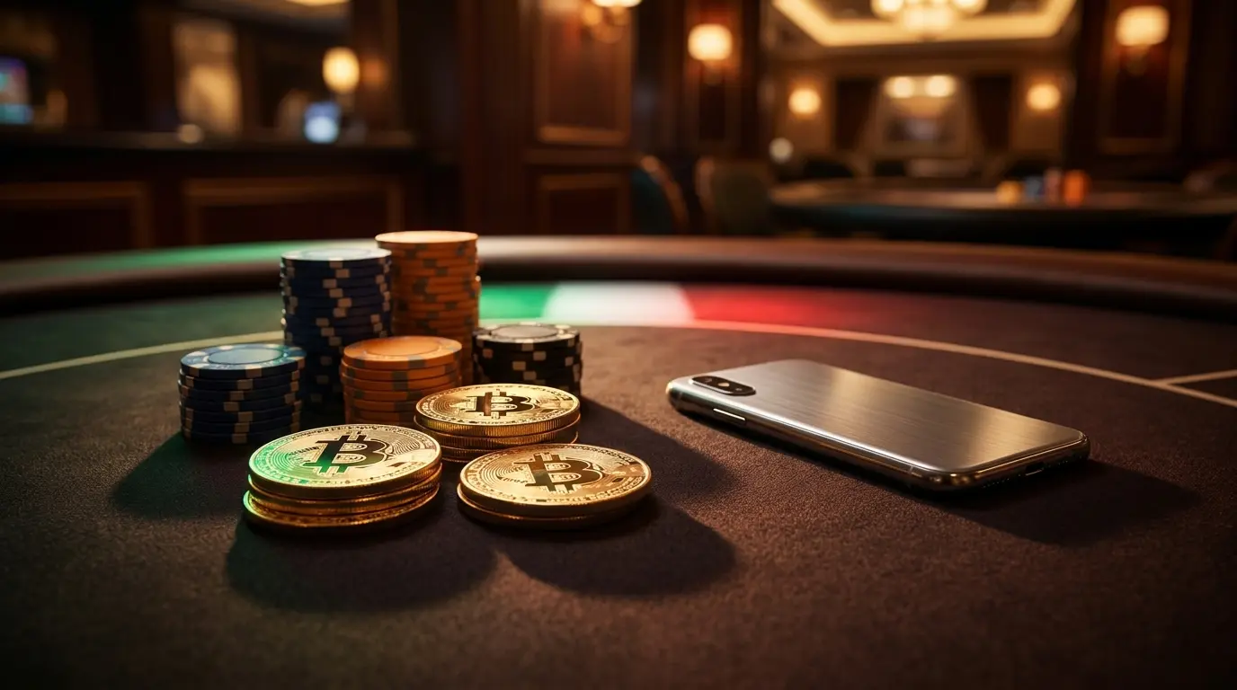 Bitcoin e fiches da poker con illuminazione tricolore italiana
