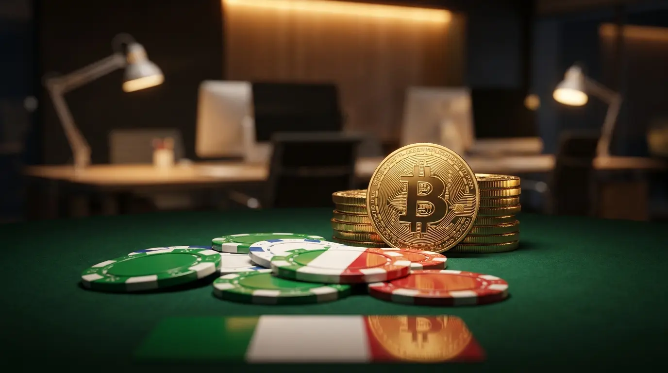 Bitcoin e fiches da casinò su tavolo verde con colori italiani