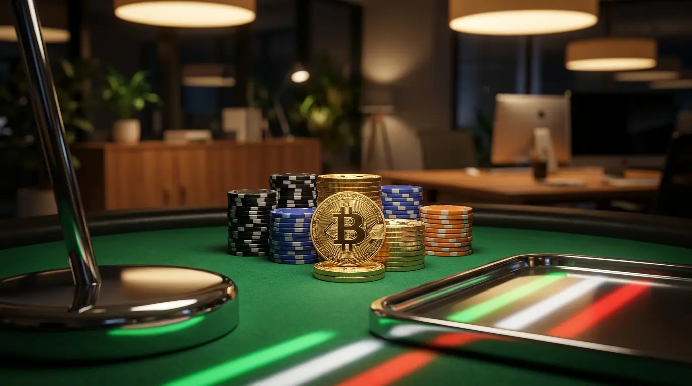 Bitcoin e fiches da poker su tavolo da gioco con colori italiani