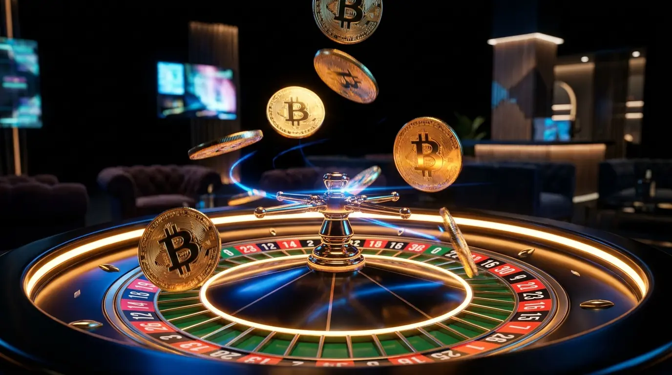Monete Bitcoin e roulette da casinò con illuminazione tricolore