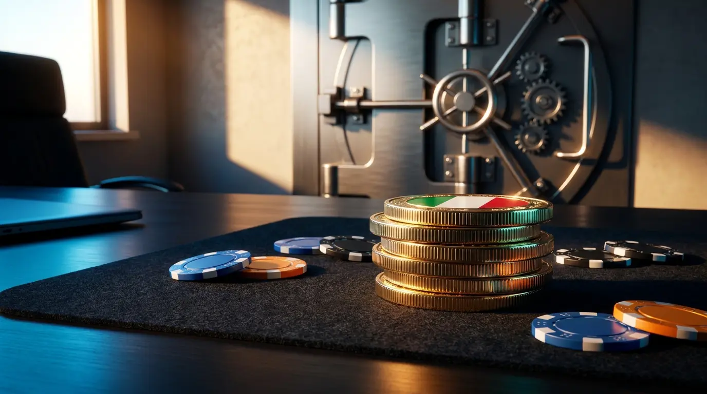Monete cripto dorate e fiches da casinò con colori italiani