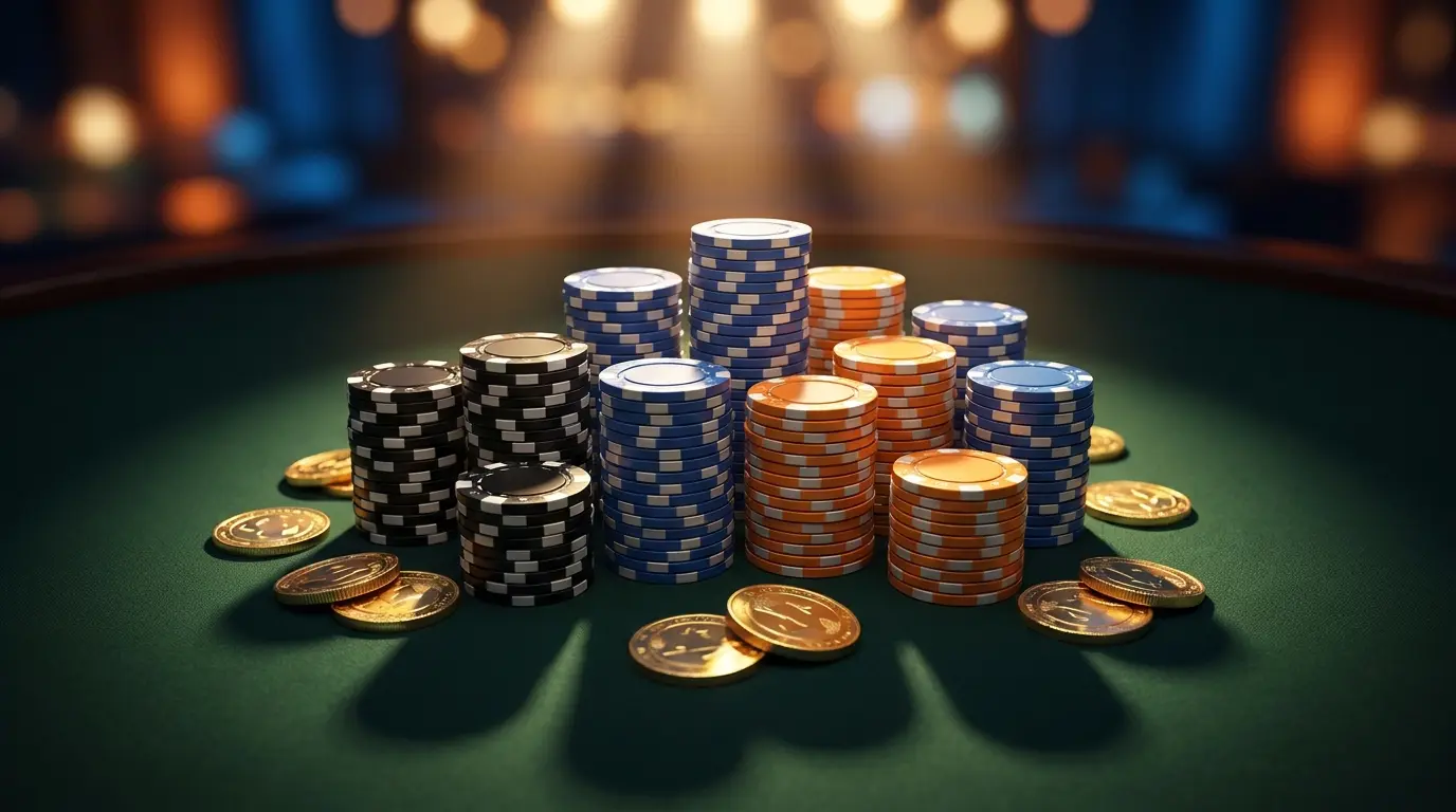 Chip da casinò e monete disposte su tavolo verde