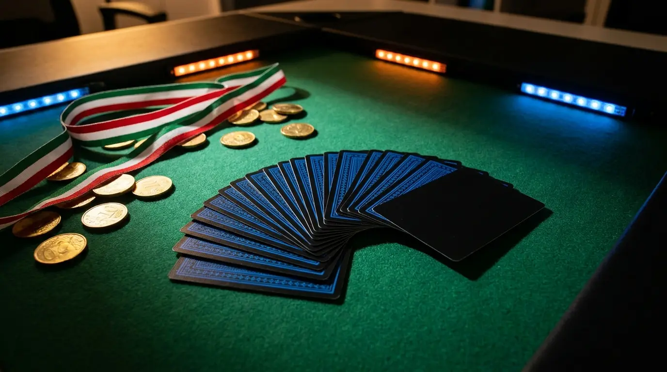 Carte da gioco e monete su tavolo da casinò italiano