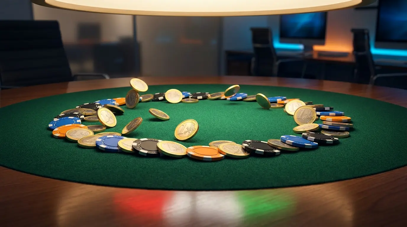 Monete euro e fiches da poker con colori italiani su feltro verde