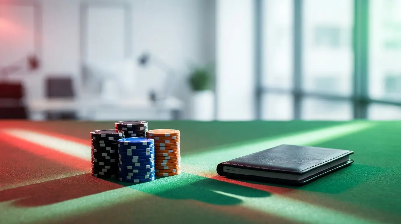 Fiches da gioco e libretto assegni su tavolo verde