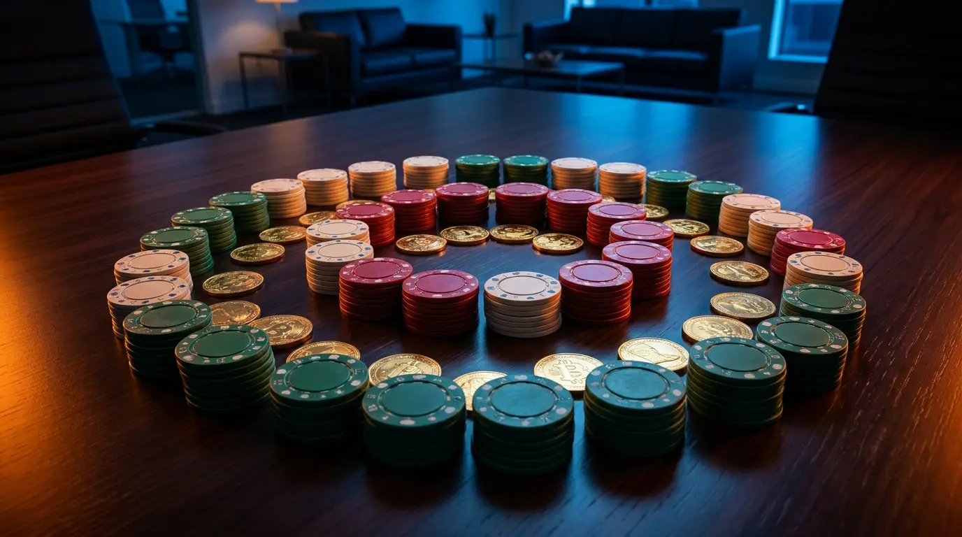 Fiches da casinò e monete disposte su sfondo scuro