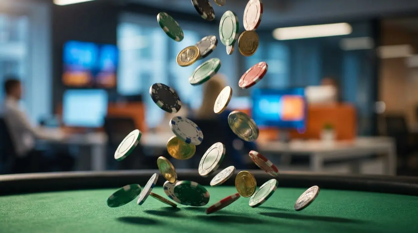 Fiches da casinò e monete che cadono su tavolo verde