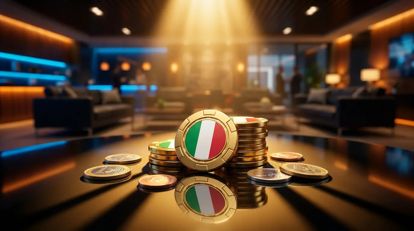 Fiches da casinò dorate e monete euro su superficie lucida