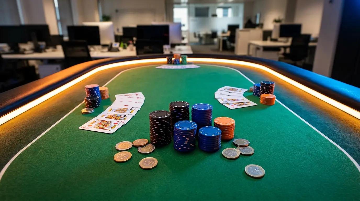 Fiches da poker e monete euro su tavolo da gioco verde