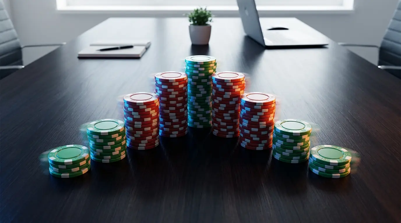 Fiches da casinò impilate con illuminazione drammatica