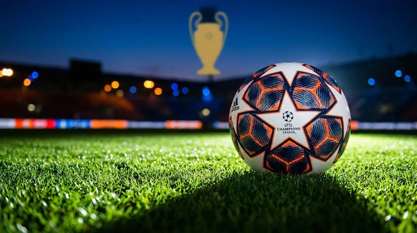 Pallone Champions League su campo illuminato con trofeo sfocato