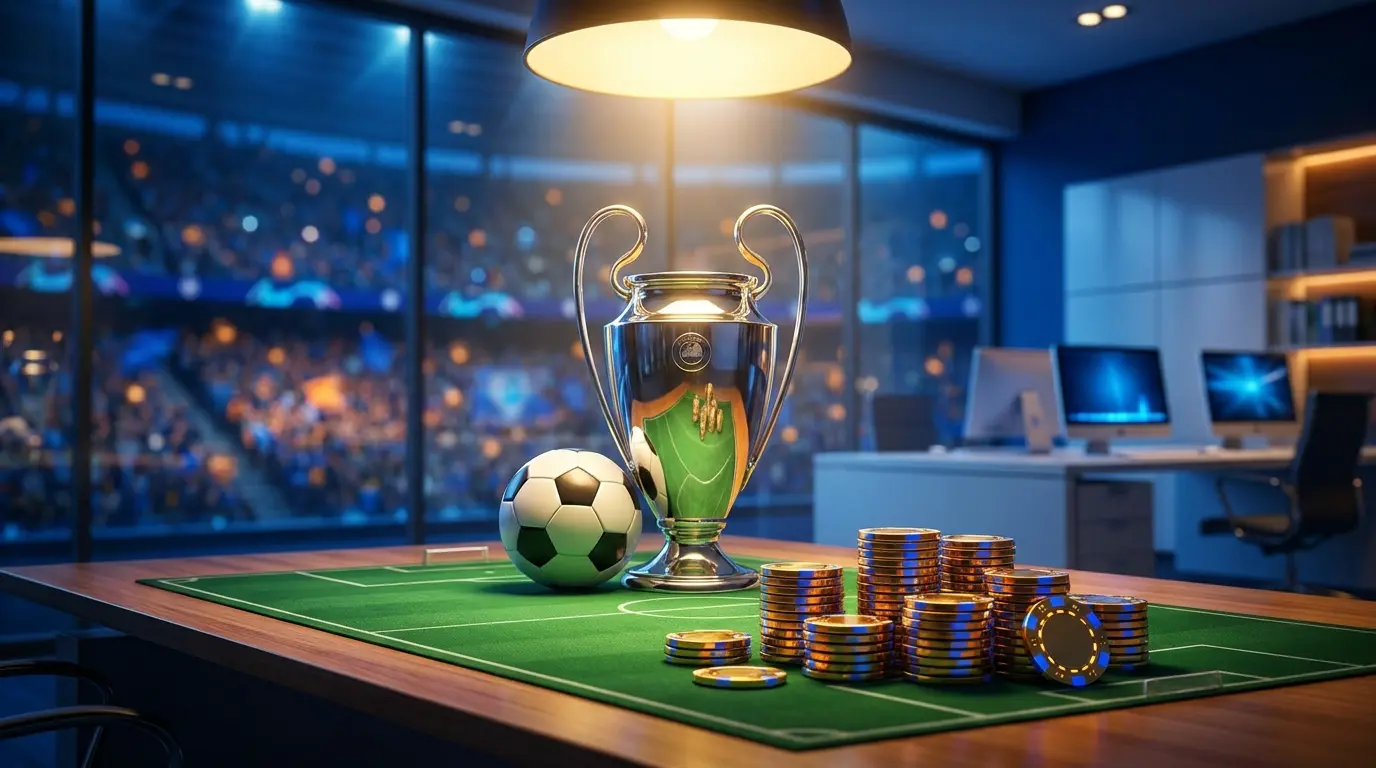 Trofeo Champions League con chips da casinò e pallone da calcio