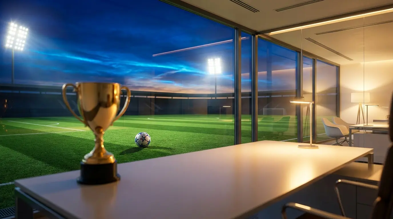 Pallone da calcio su campo con trofeo Champions League illuminato