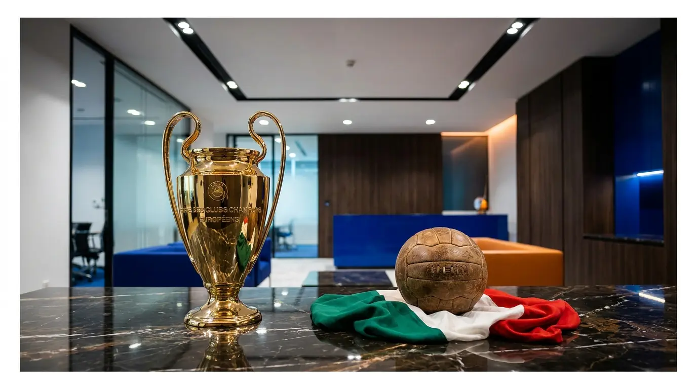 Trofeo Champions League con pallone e colori italiani