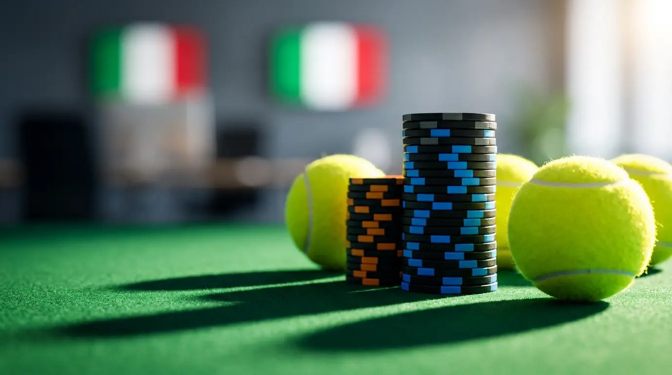 Fiches da gioco e palline da tennis su superficie verde