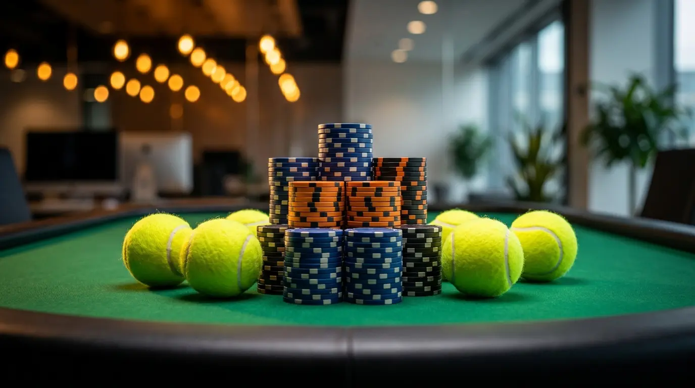 Fiches da gioco e palline da tennis su tavolo verde