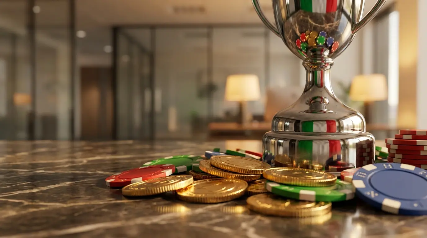 Monete dorate e fiches da casinò con colori italiani