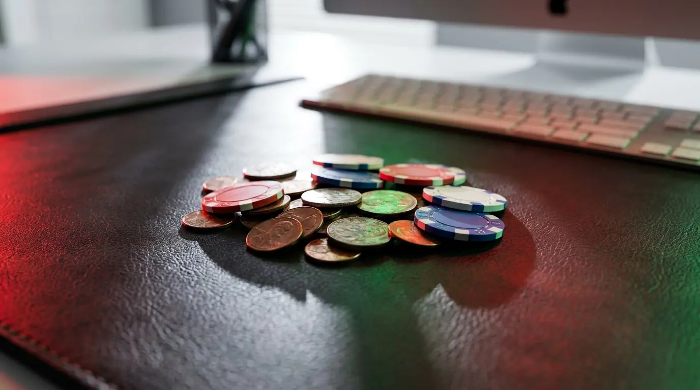 Piccolo deposito di monete e fiches da casinò