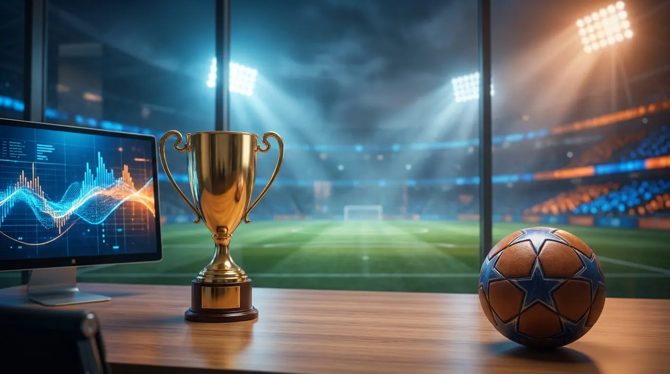 Trofeo su campo da calcio con luci dello stadio