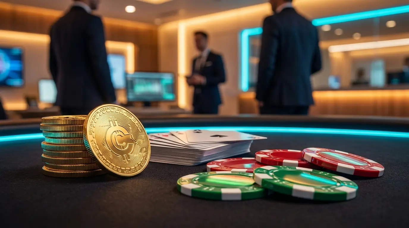 Monete crypto dorate e fiches da casinò con colori italiani