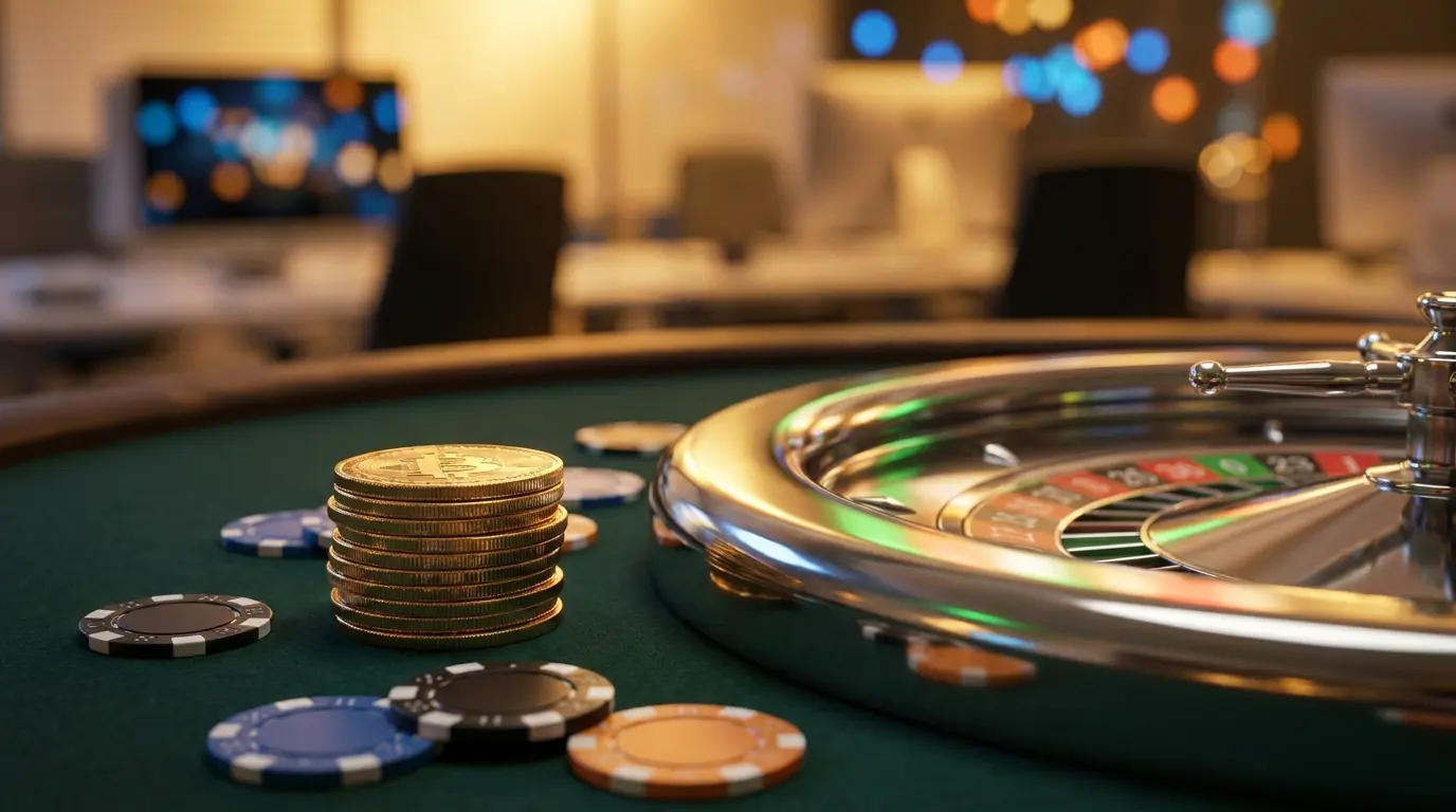 Monete crypto dorate su tavolo da gioco con colori italiani