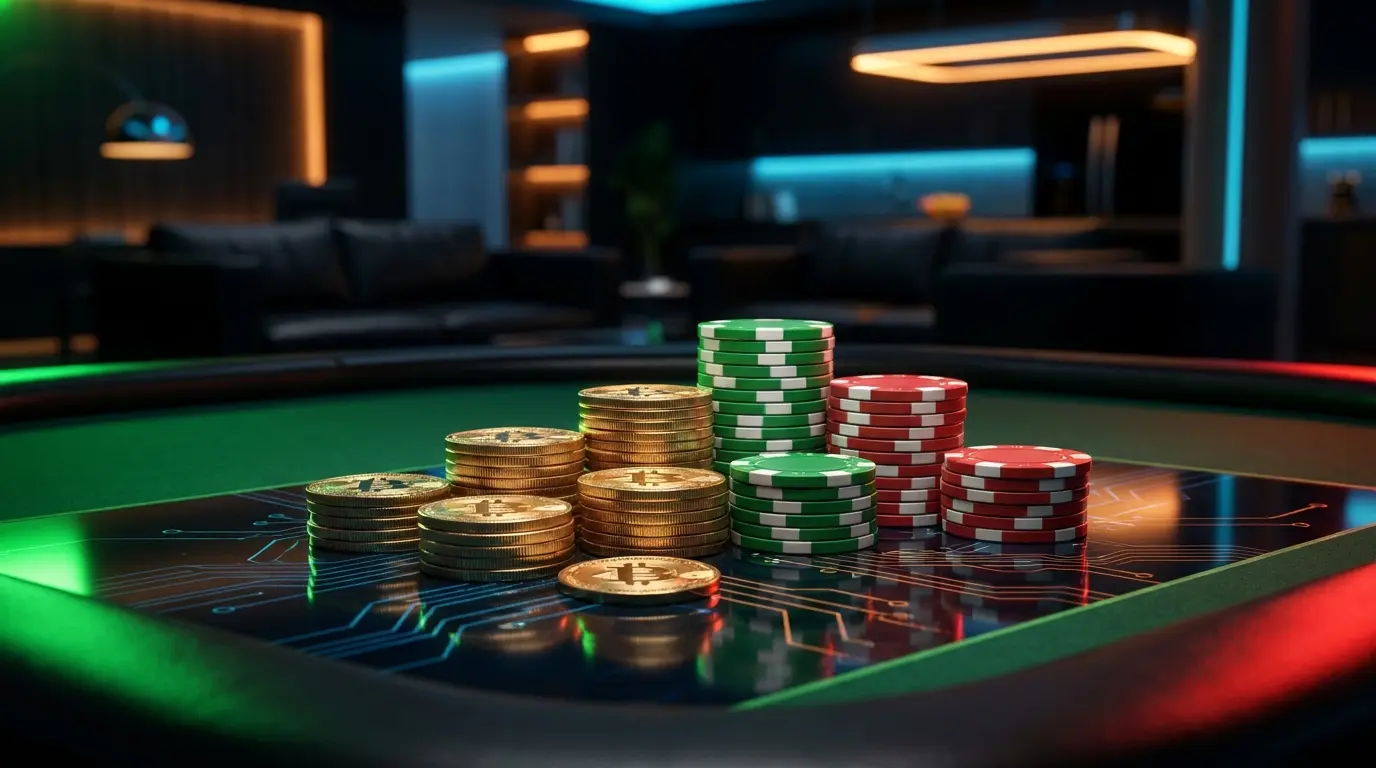 Monete crypto dorate e fiches da poker con colori italiani su tavolo