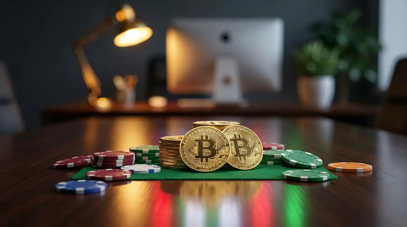 Monete crypto dorate e fiches da poker su tavolo da gioco verde