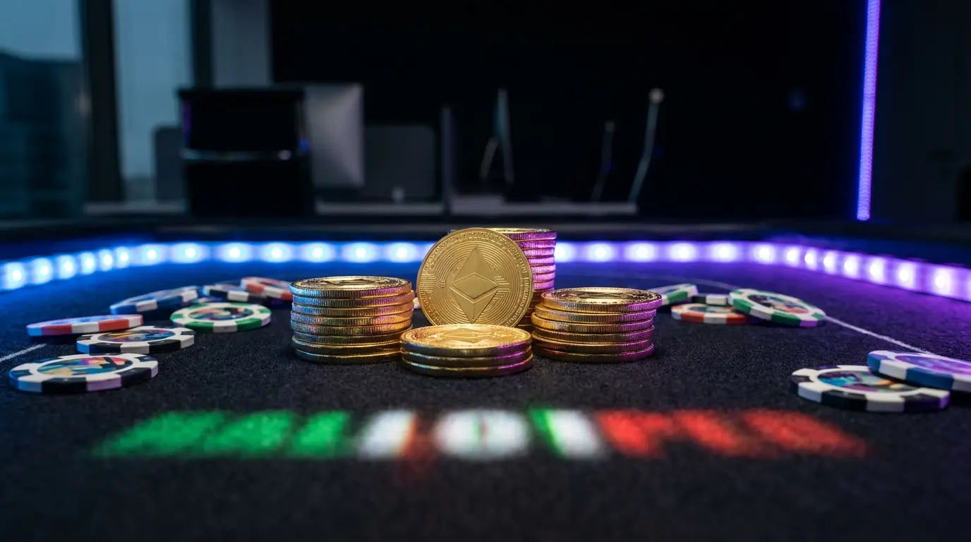 Monete crypto e fiches da poker con illuminazione tricolore italiana