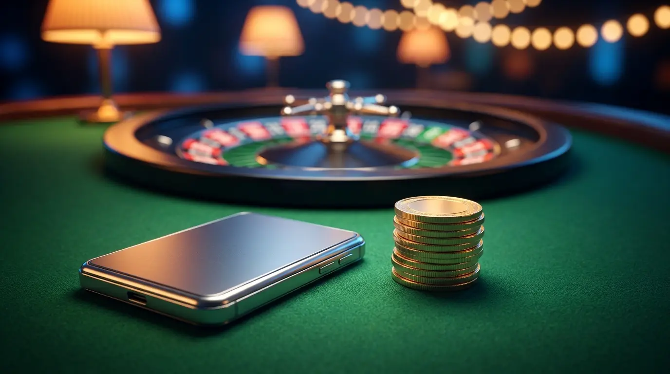 Monete dorate con wallet digitale su tavolo da gioco verde