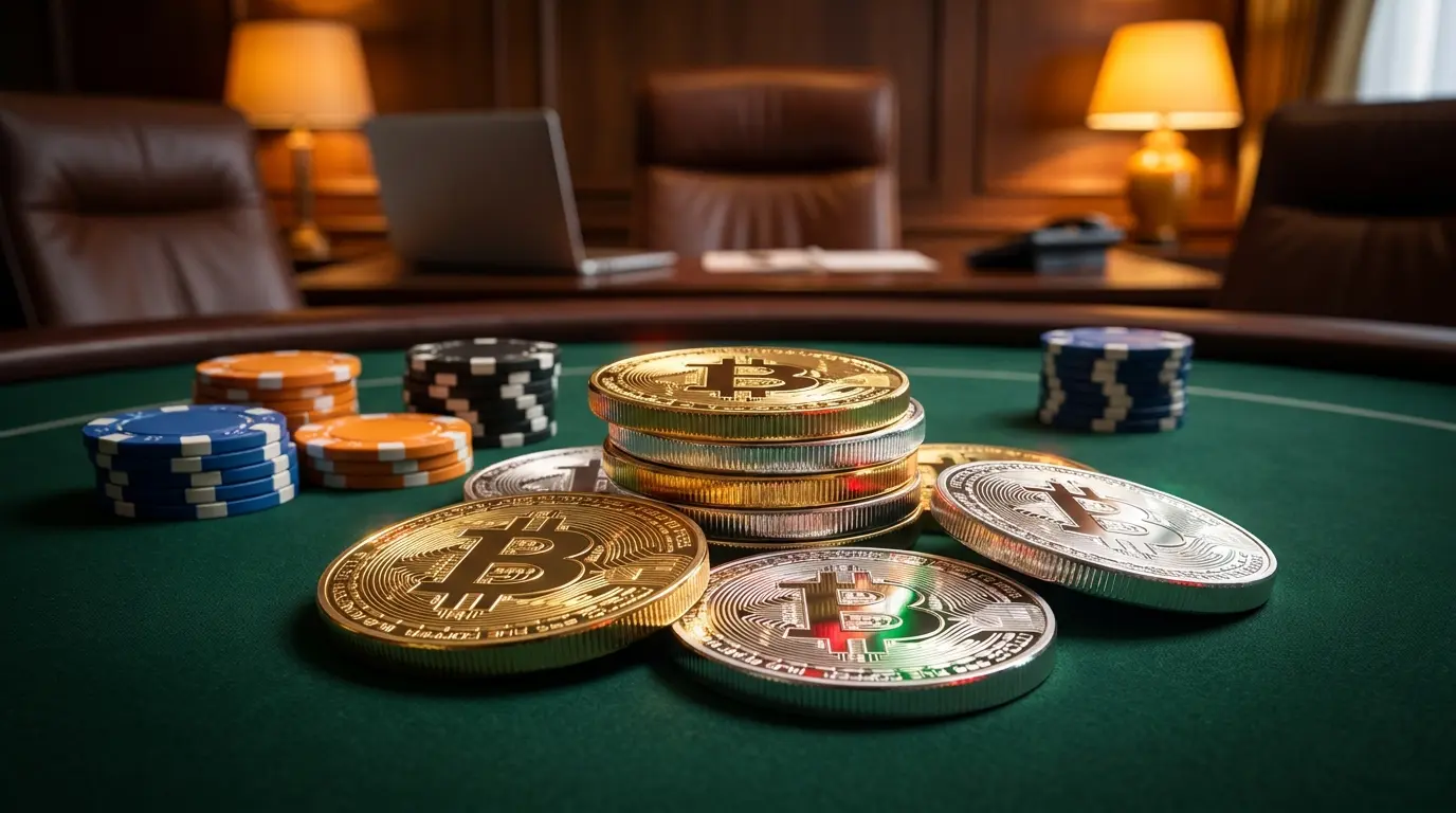 Monete crypto e chip da poker su tavolo verde con illuminazione calda